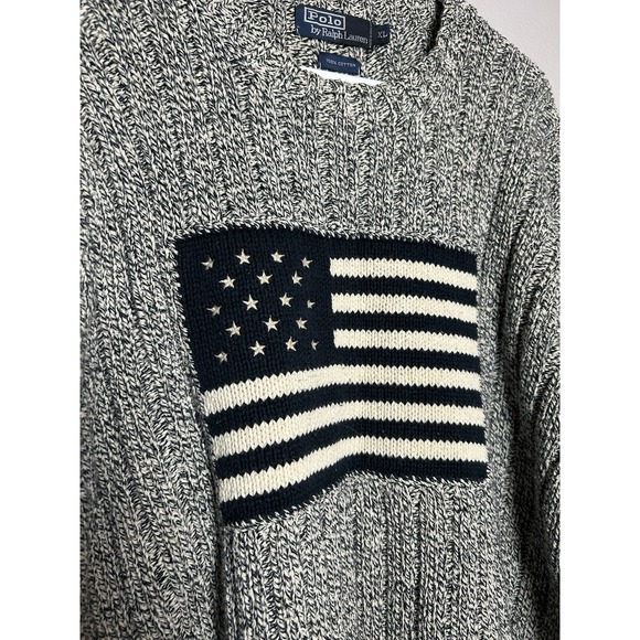 VTG POLO RALPH LAUREN GRAY & Navy AMERICAN FLAG SWEATER XL Americana Preppy 90s - Picture 5 of 9